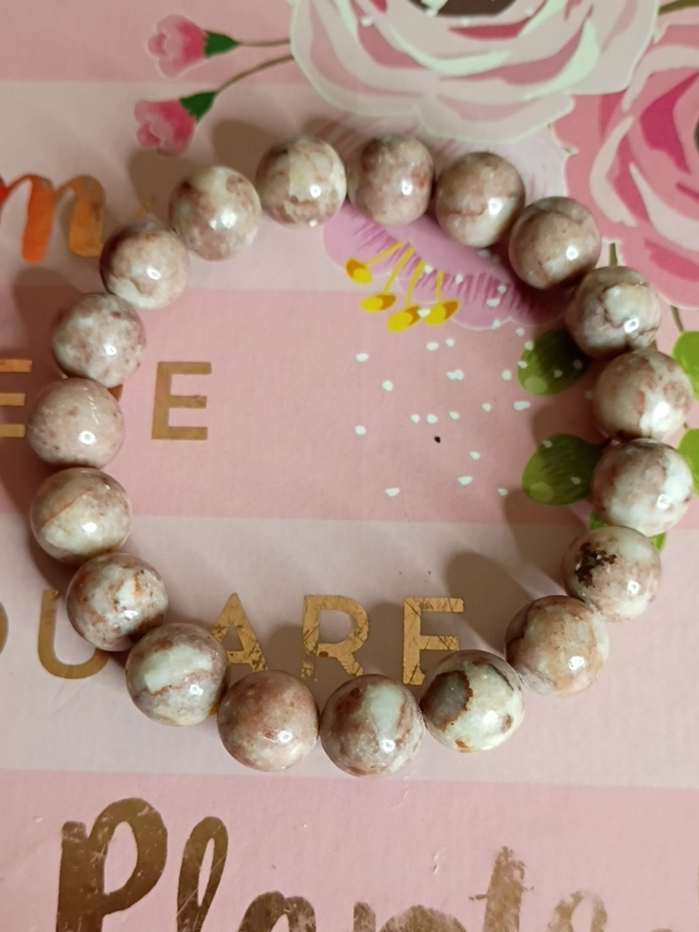 Pink and White Natural Stone Bead Stretch Bracelet